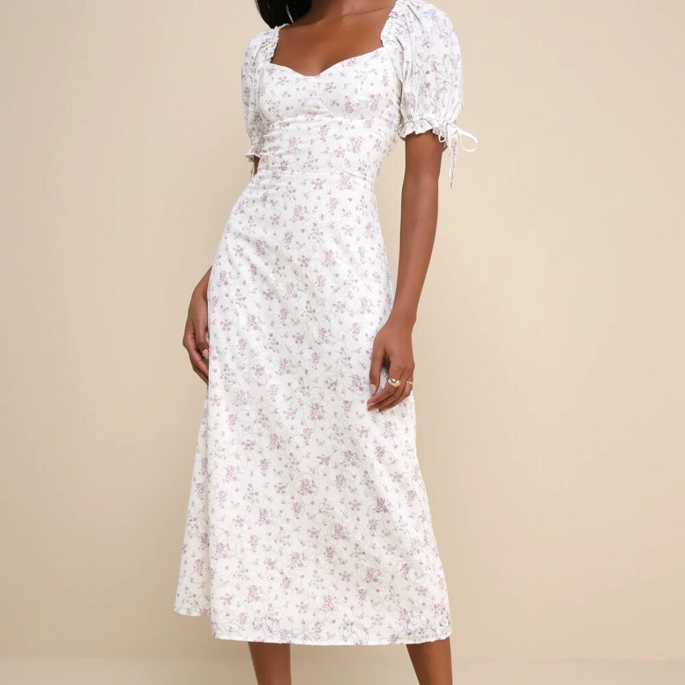 Lulus Certified Charmer Ivory Burnout Floral Puff Sleeve Midi Dress
